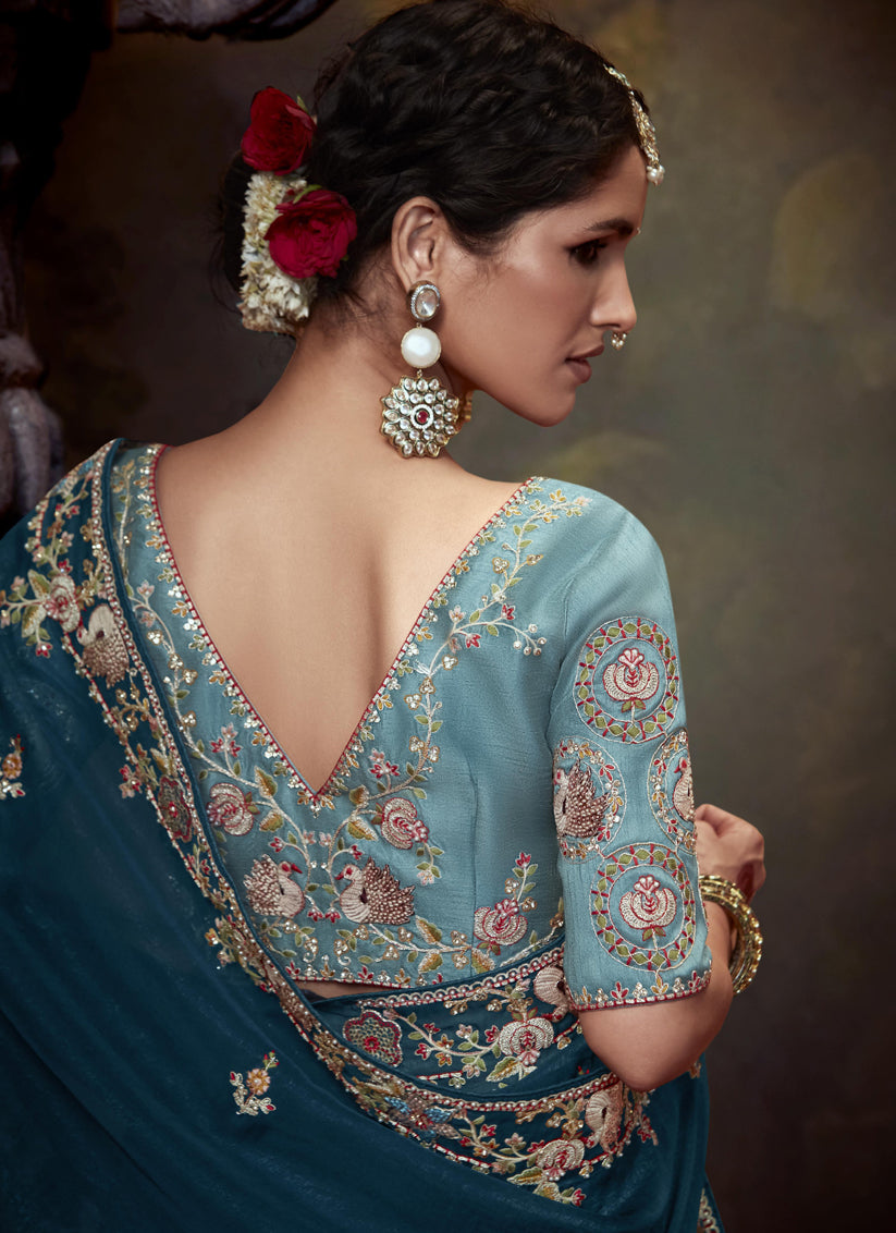 Peacock Blue Tissue Organza Embroidered Wedding Saree