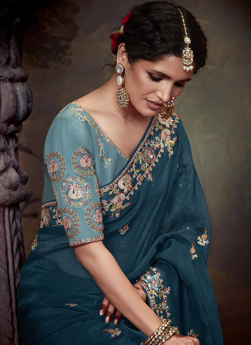 Peacock Blue Tissue Organza Embroidered Wedding Saree