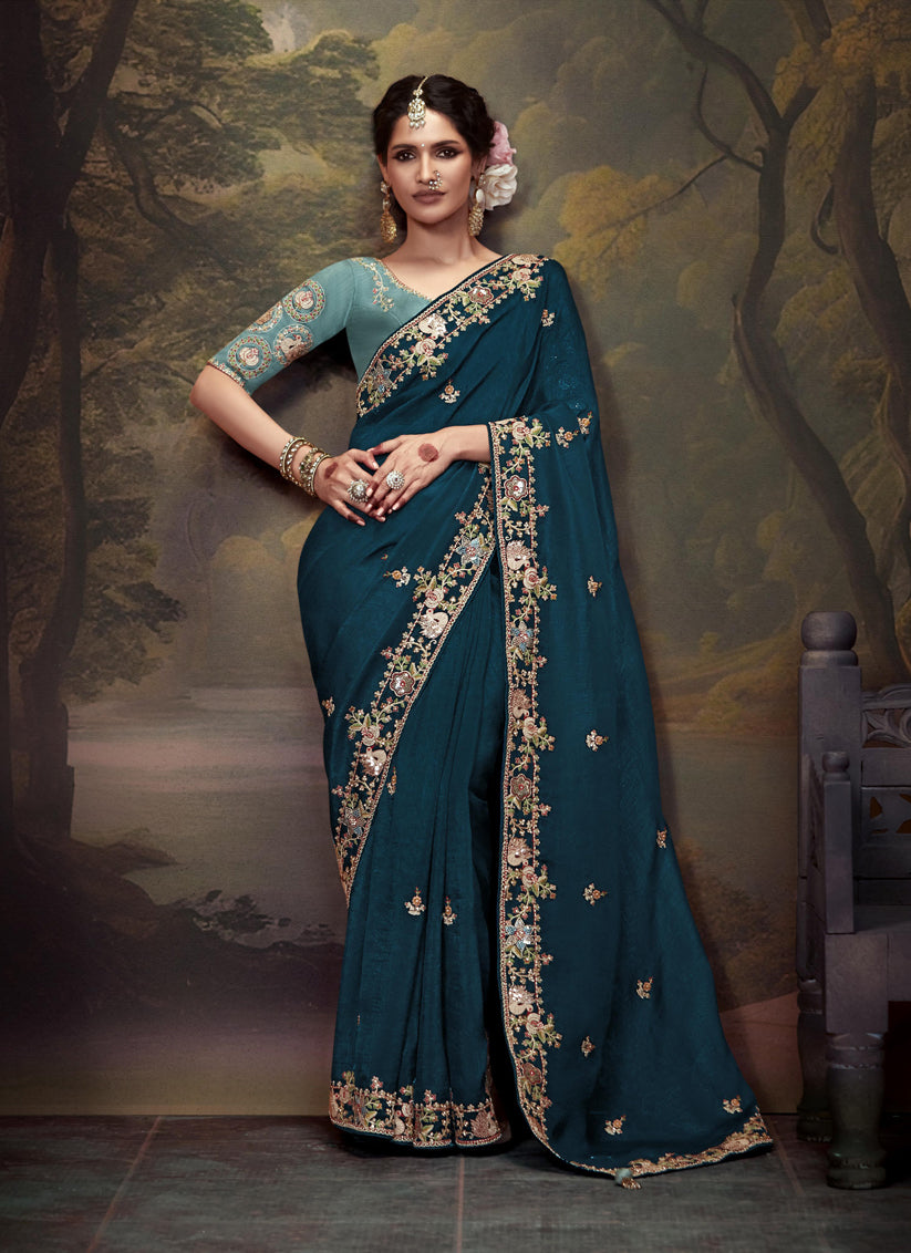 Peacock Blue Tissue Organza Embroidered Wedding Saree
