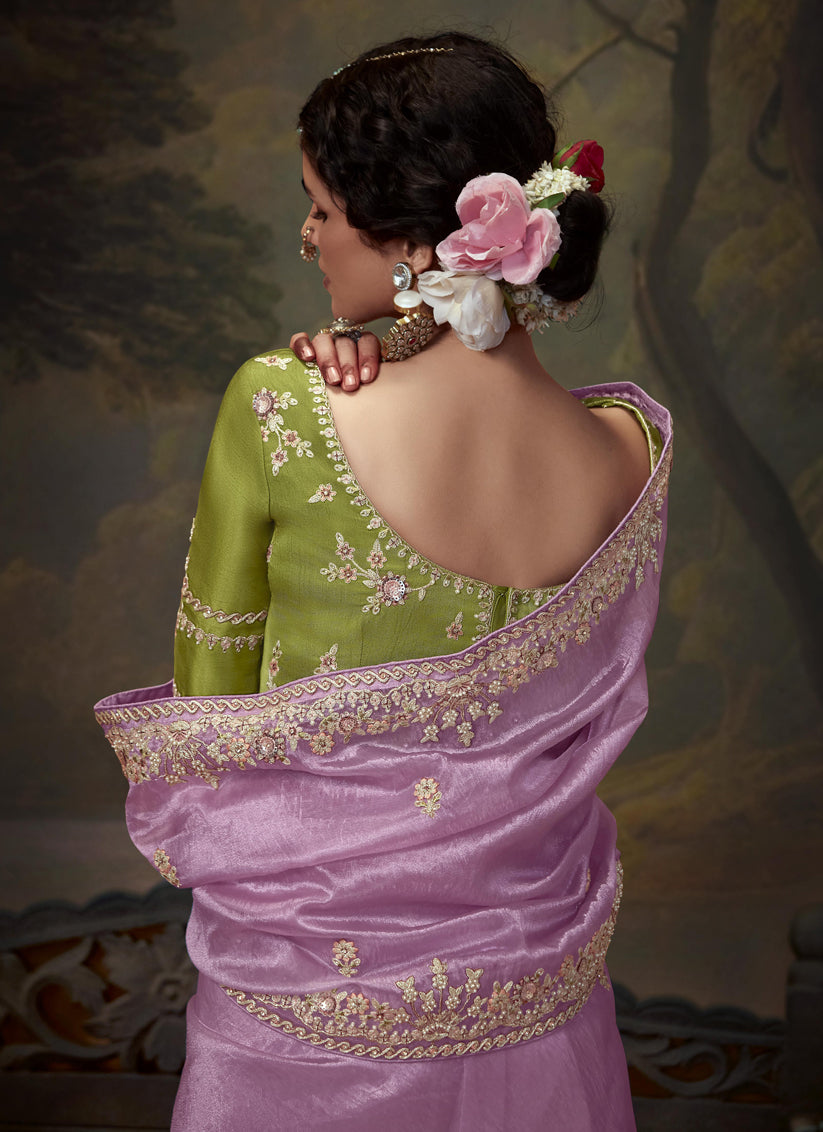 Lilac Pink Tissue Organza Embroidered Wedding Saree
