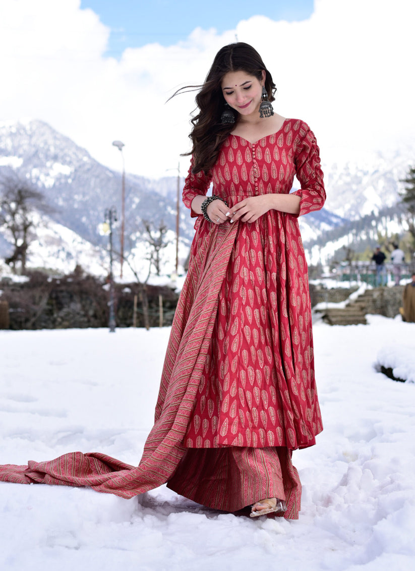 Crimson Red Pure Muslin Sarara Kameez Suit
