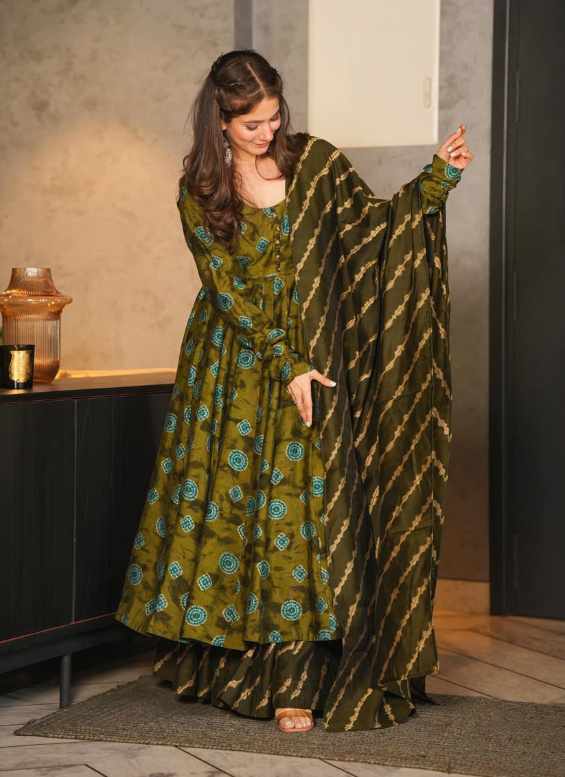 Olive Green Pure Muslin Sarara Kameez Suit
