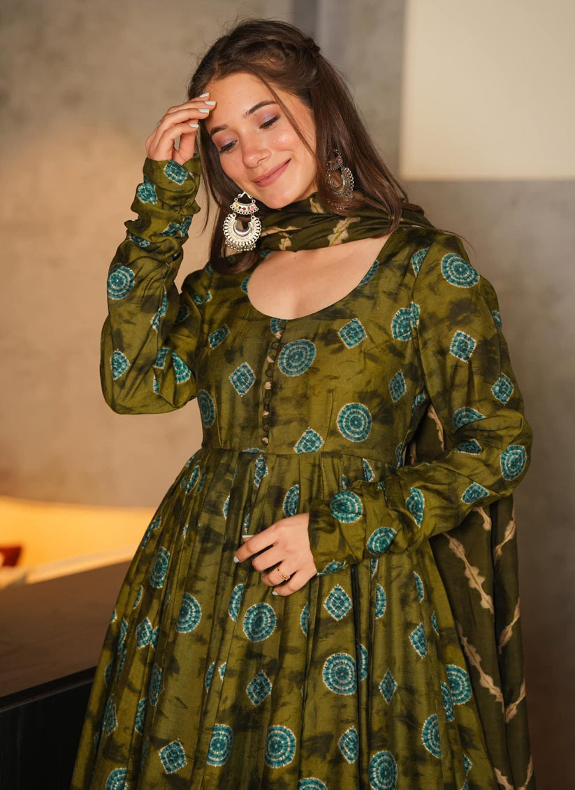 Olive Green Pure Muslin Sarara Kameez Suit