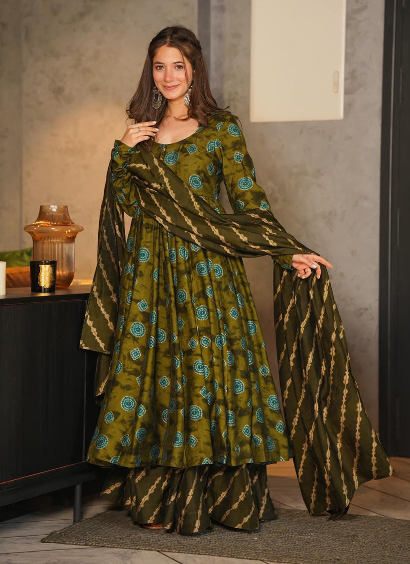 Olive Green Pure Muslin Sarara Kameez Suit