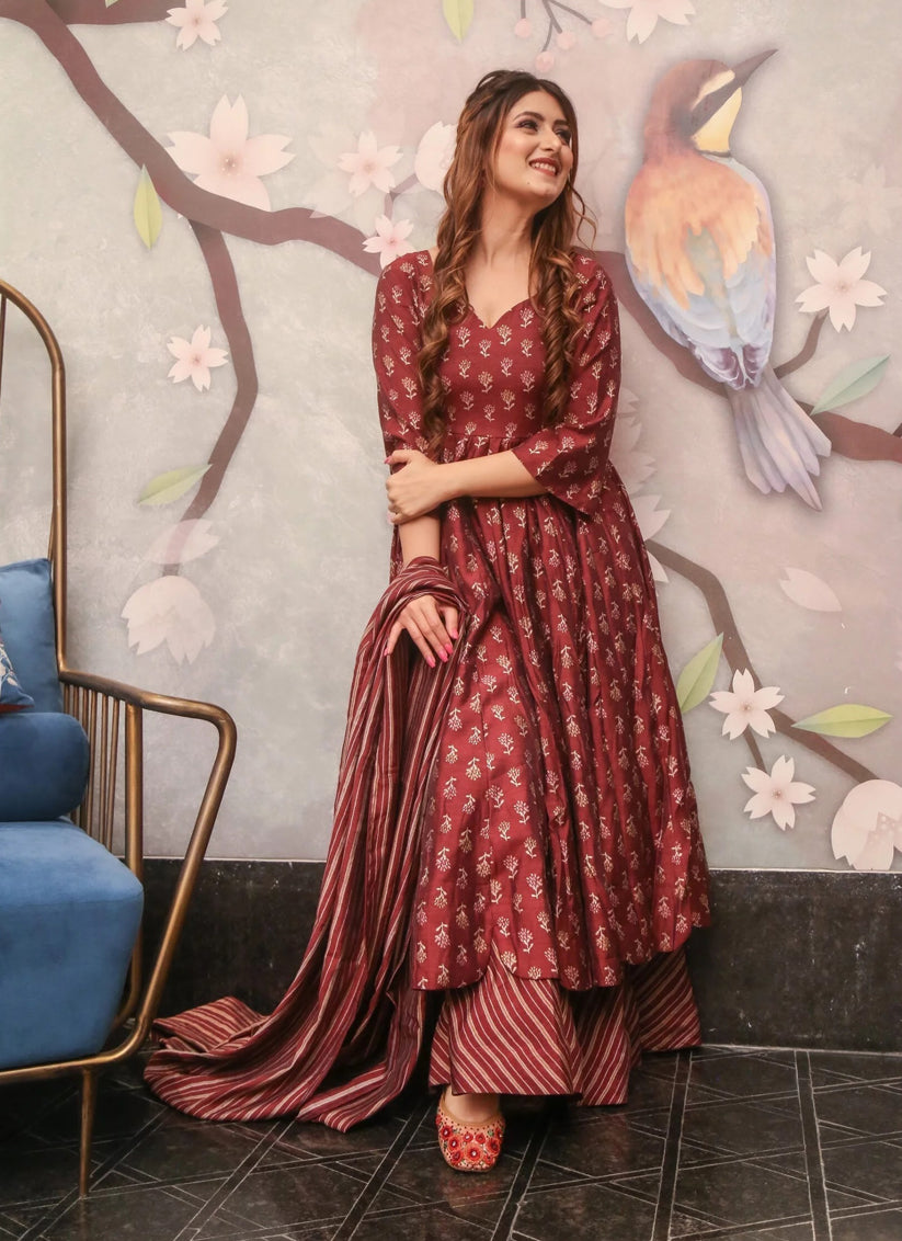 Maroon Pure Muslin Sarara Kameez Suit