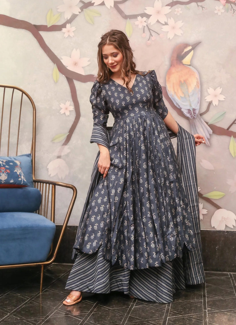 Grey Pure Muslin Sarara Kameez Suit