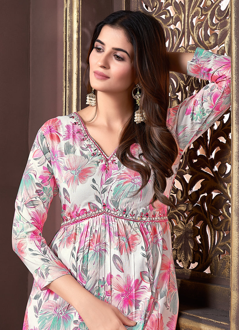 White Rayon Readymade Alia Cut Salwar Kameez