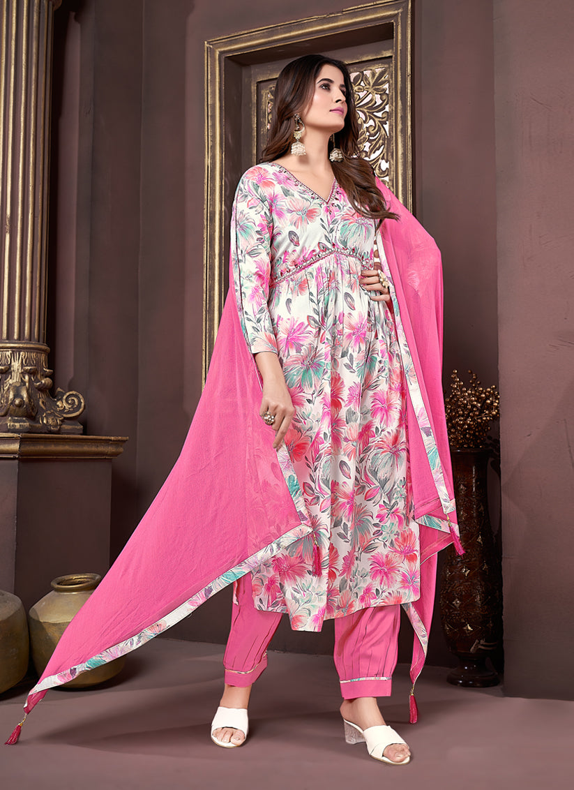 White Rayon Readymade Alia Cut Salwar Kameez