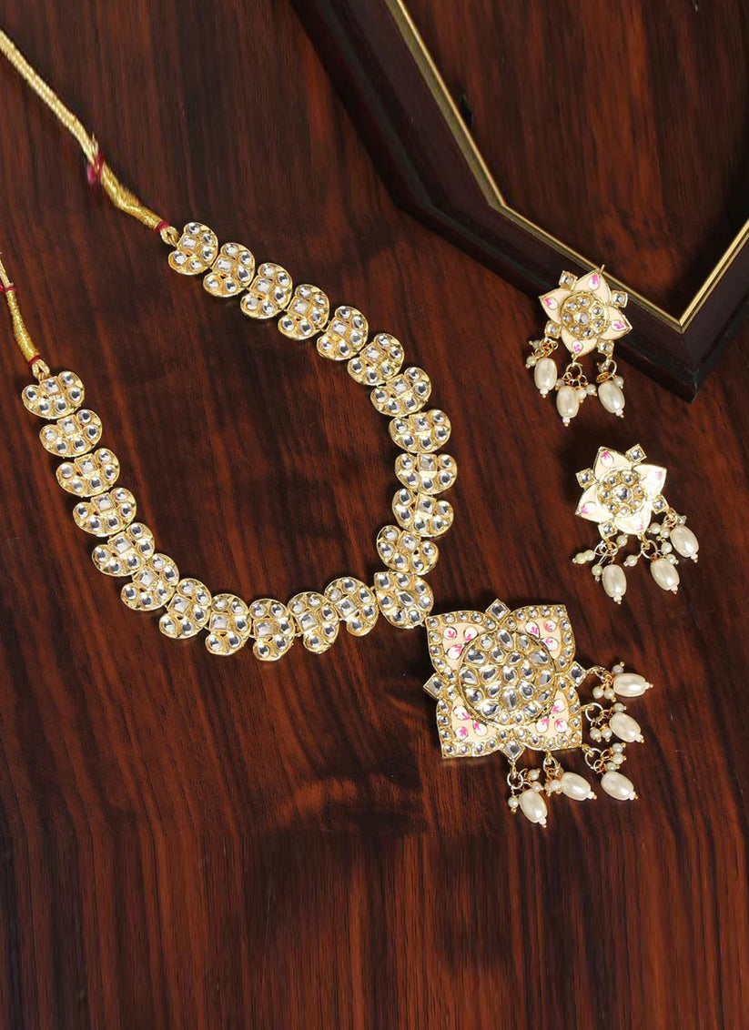 White Kundan Meenakari Necklace Set