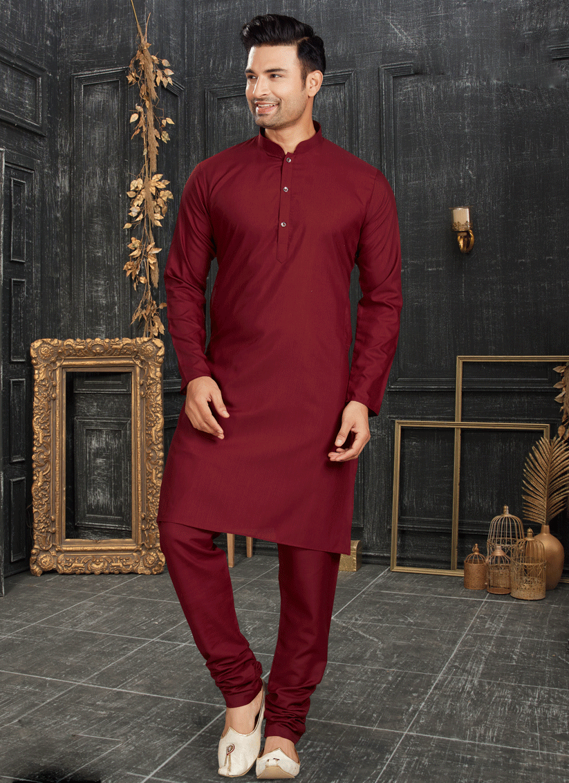 Maroon Men's cotton Kurta Pyjama Set