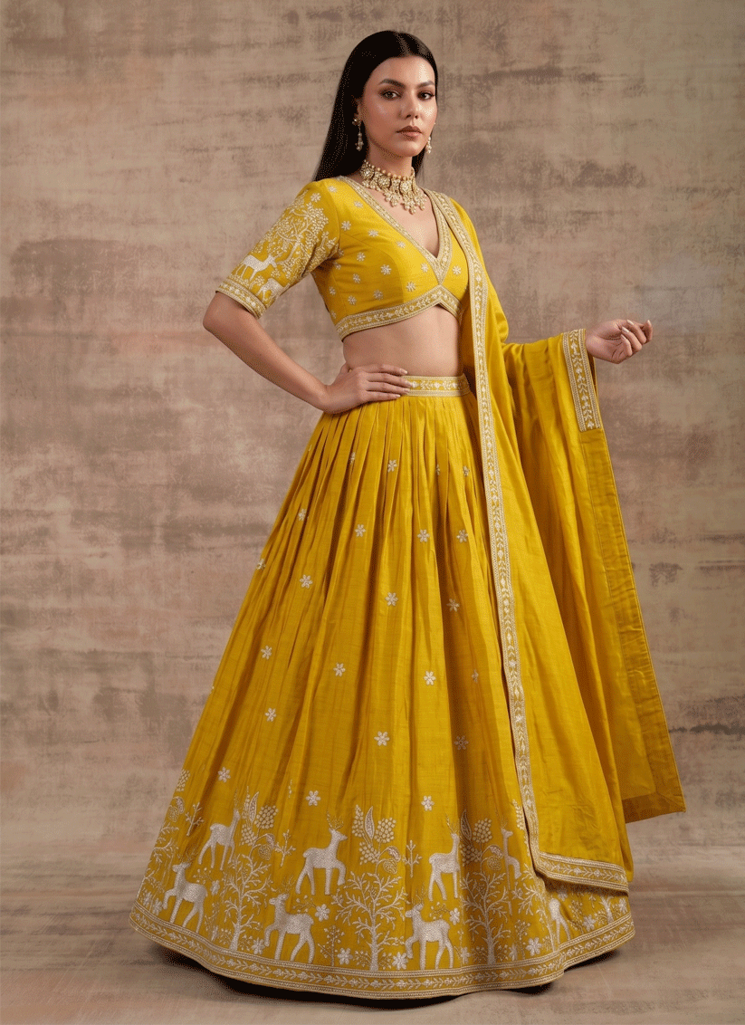 Mustard Satin Silk Embroidered Lehenga Choli for Women