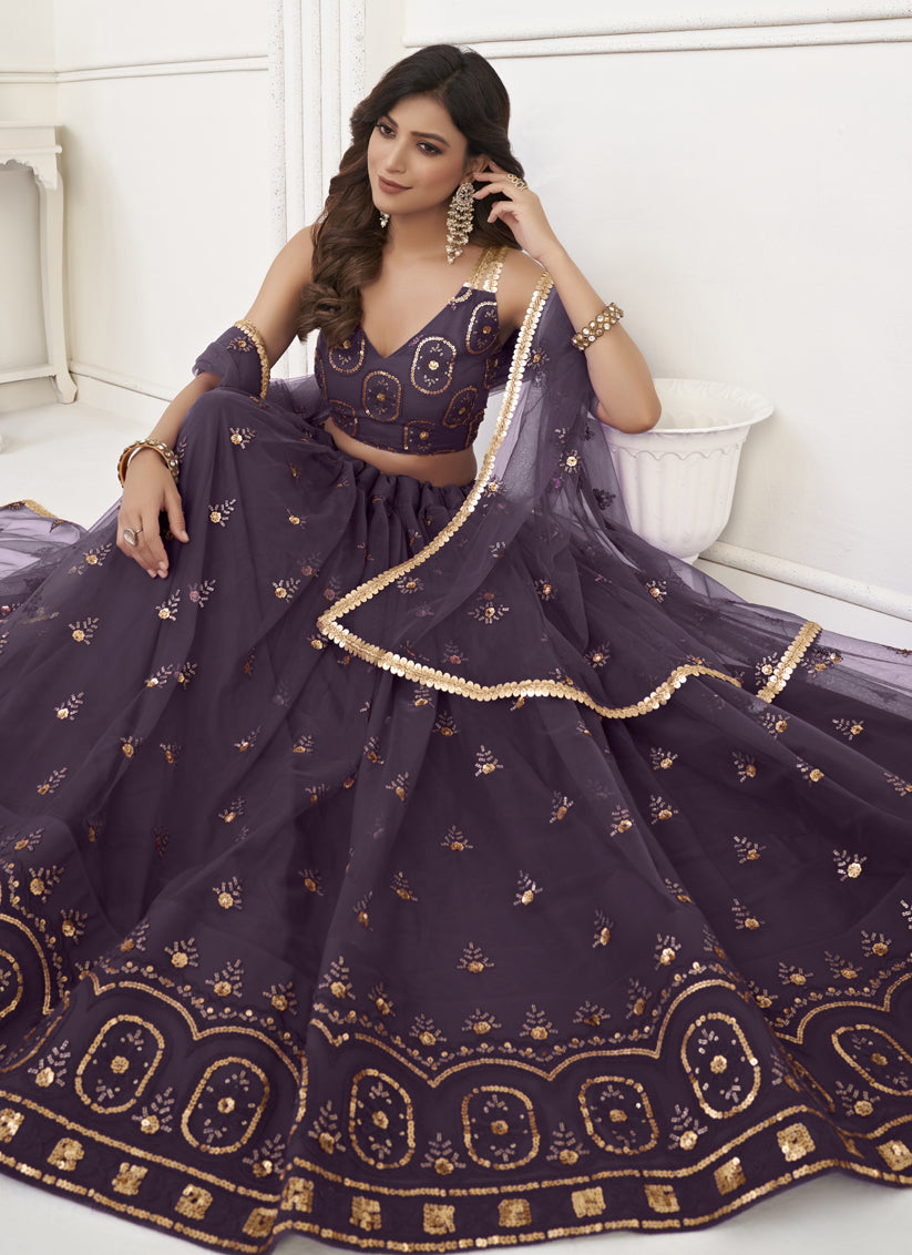 Burgundy Net Embroidered Lehenga Choli