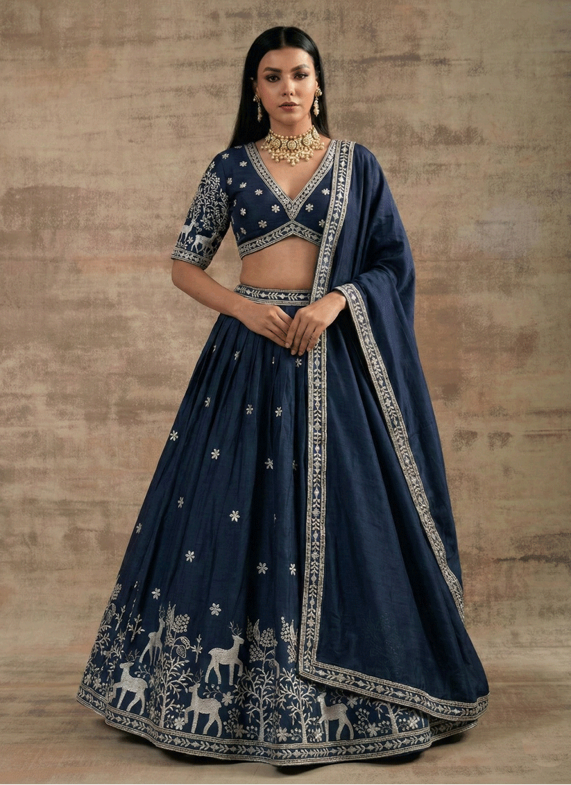 Navy Blue Satin Silk Embroidered Lehenga Choli for Women
