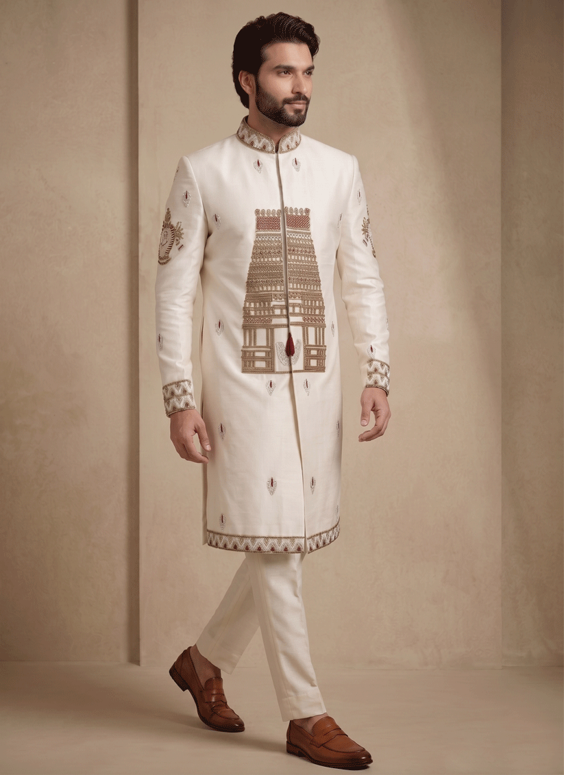 White Satin Silk Ready Made Indo Western