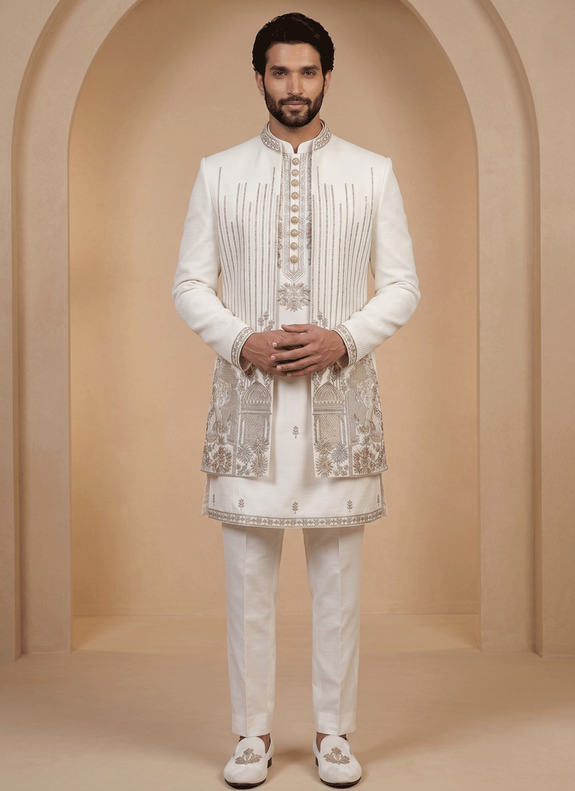 White Satin Silk Ready Made Indo Western