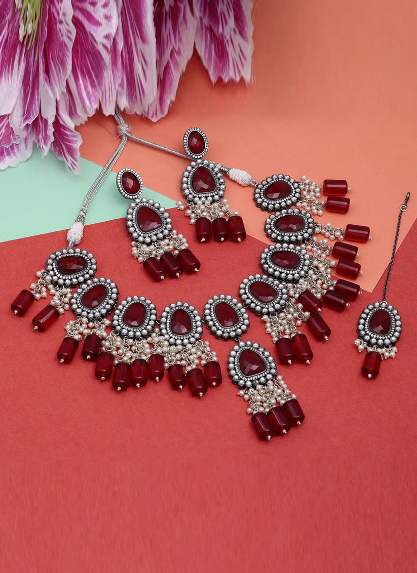 Maroon Premium American Diamond Necklaces Set