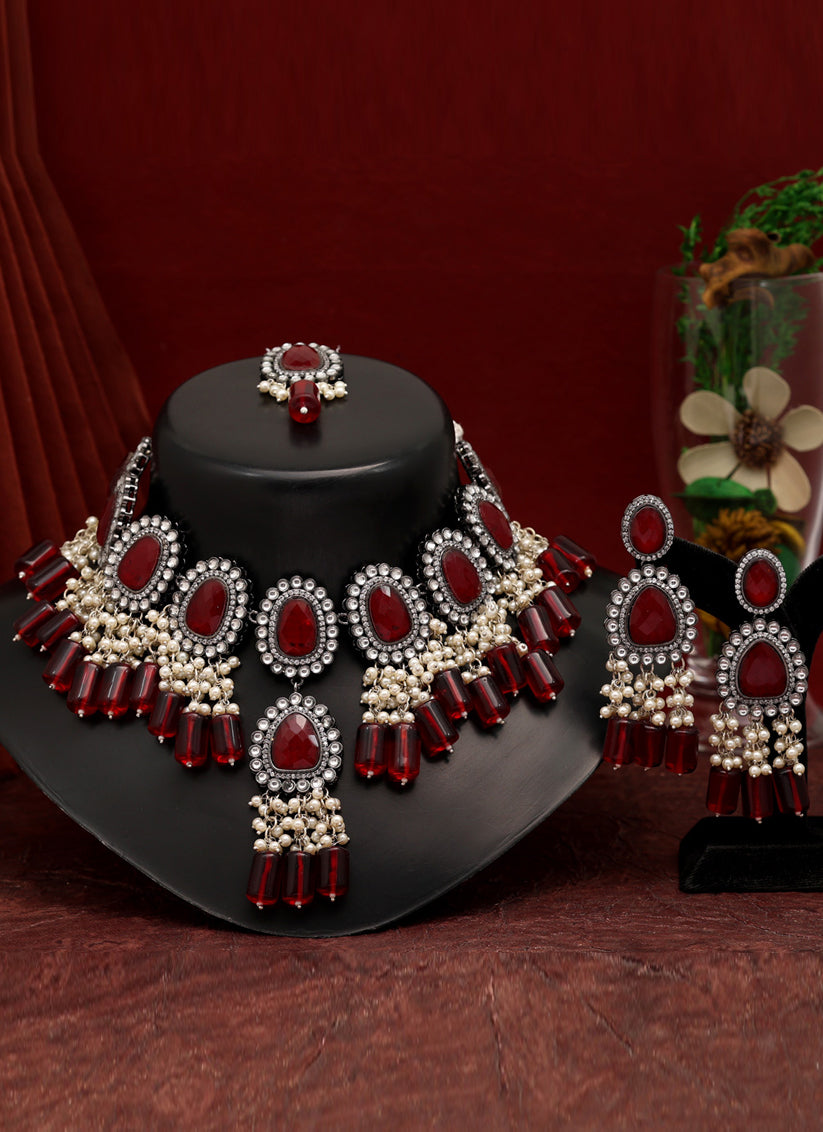 Maroon Premium American Diamond Necklaces Set