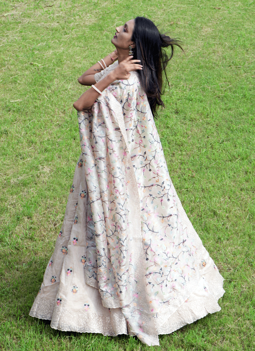 Cream Tissue Heavy Embroidered Designer Lehenga Choli