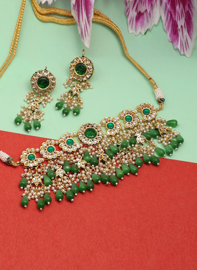 Green Choker Premium Kundan Meena Necklace Set