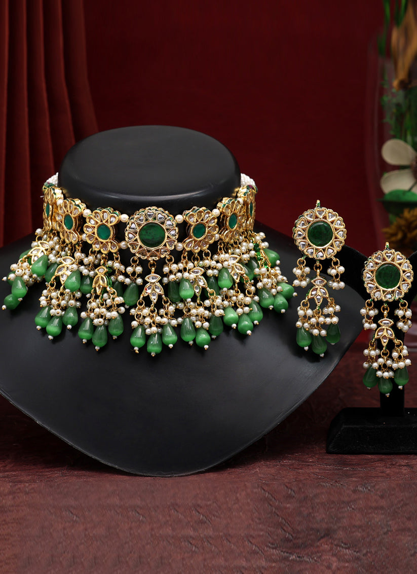 Green Choker Premium Kundan Meena Necklace Set