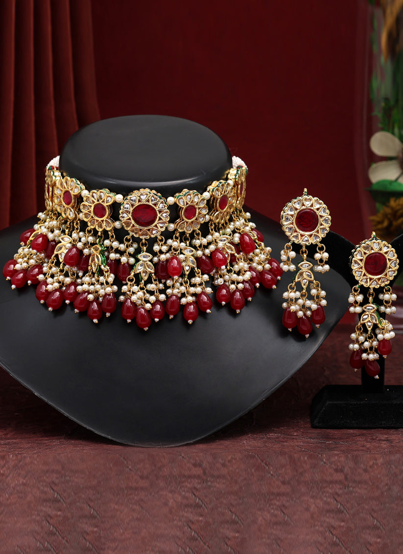 Maroon Choker Premium Kundan Meena Necklace Set