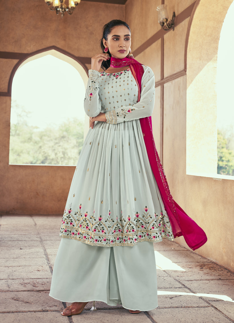 Ice Blue Georgette Embroidered Readymade Palazzo Kameez