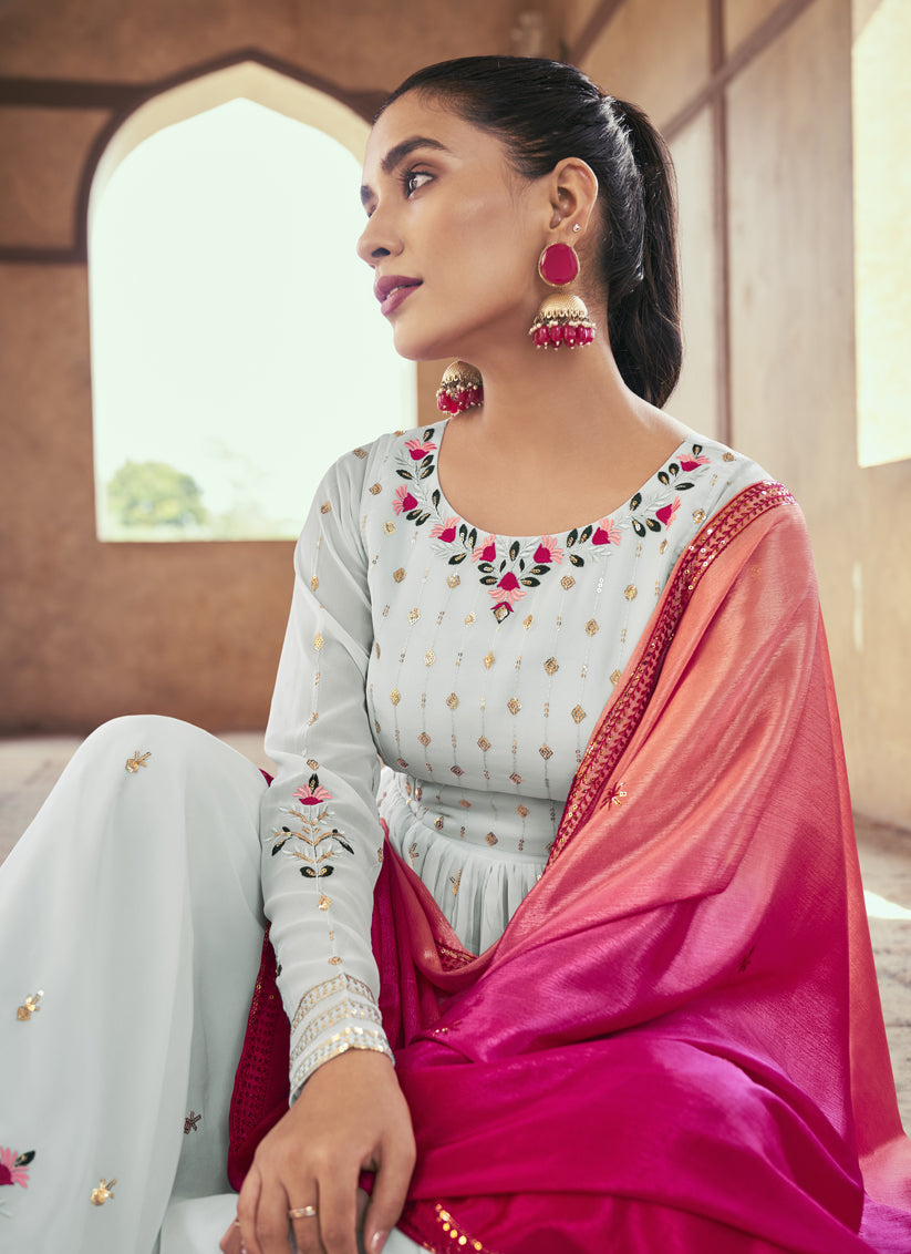 Ice Blue Georgette Embroidered Readymade Palazzo Kameez