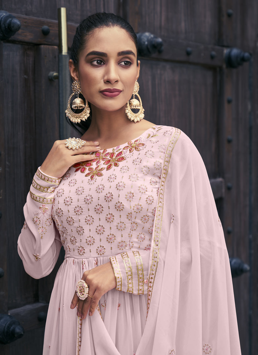 Baby Pink Georgette Embroidered Readymade Palazzo Kameez
