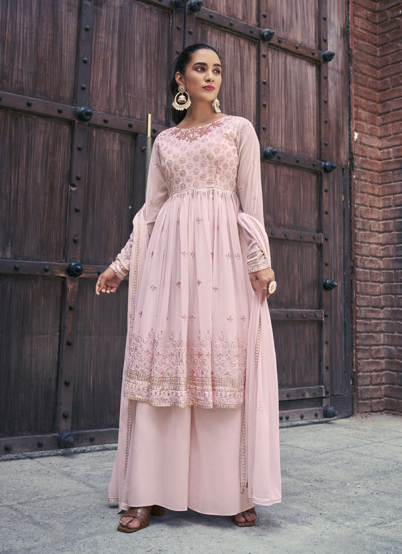 Baby Pink Georgette Embroidered Readymade Palazzo Kameez