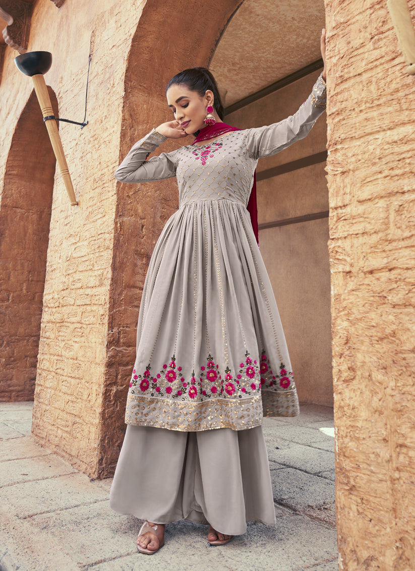 Dusty Grey Georgette Embroidered Readymade Palazzo Kameez