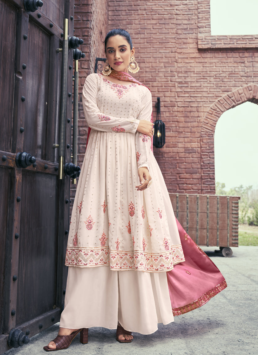 Ivory Georgette Embroidered Readymade Palazzo Kameez