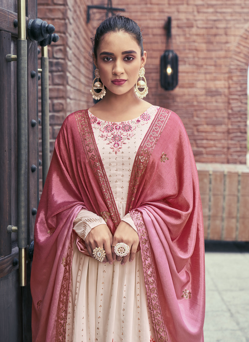Ivory Georgette Embroidered Readymade Palazzo Kameez