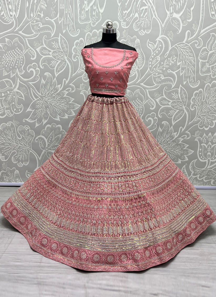 Coral Pink Net Embroidered Bridal Lehenga Choli