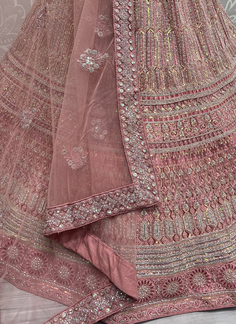 Coral Pink Net Embroidered Bridal Lehenga Choli