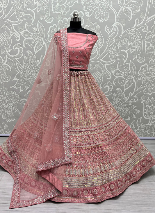 Coral Pink Net Embroidered Bridal Lehenga Choli
