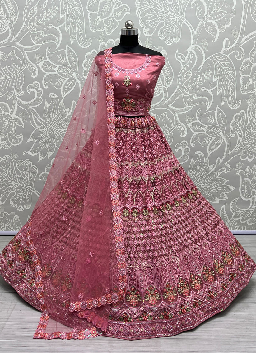 Onion Pink Net Embroidered Bridal Lehenga Choli – TDO Australia