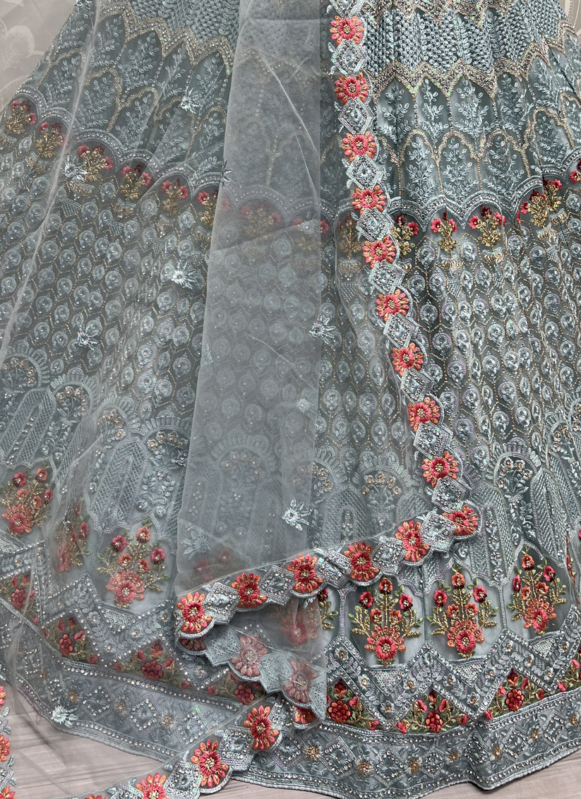 Blue Net Embroidered Bridal Lehenga Choli