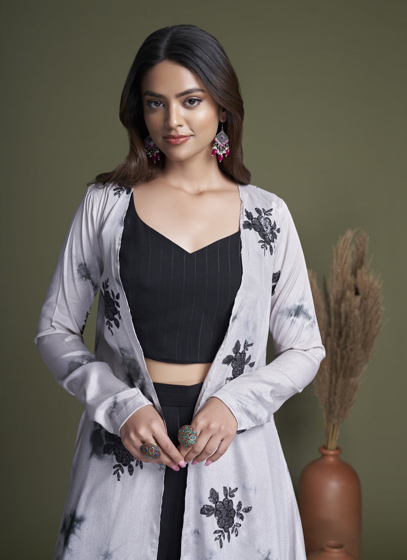 Black Silk Palazzo with Crop Top and Jacket