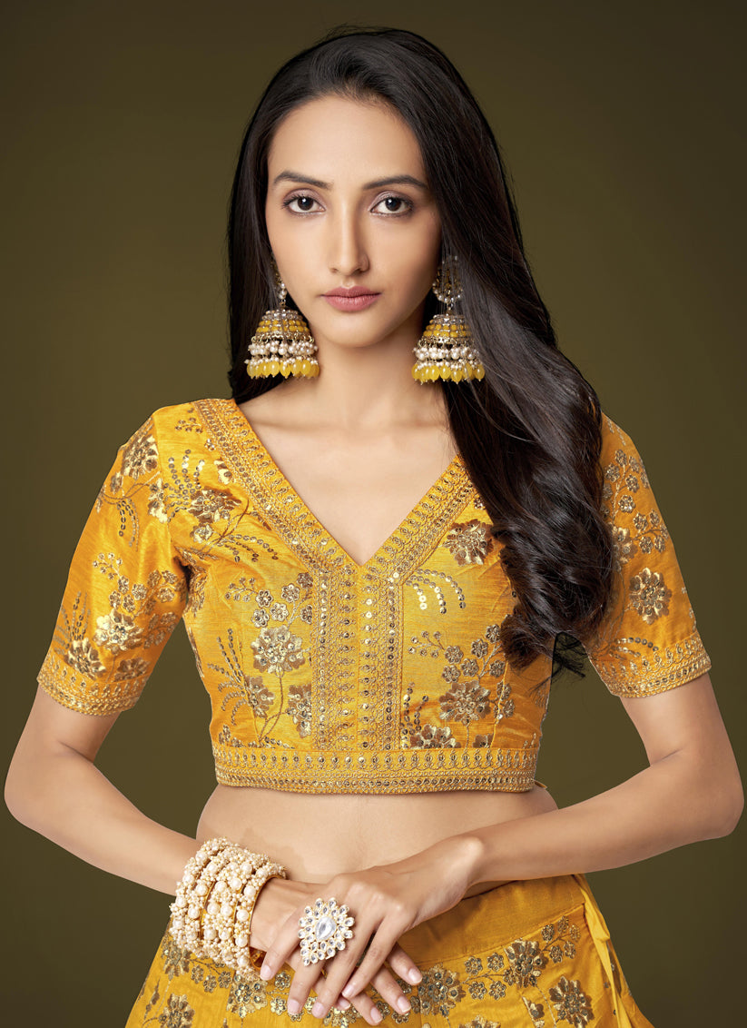 Golden Yellow Slub Silk Embroidered Lehenga Choli