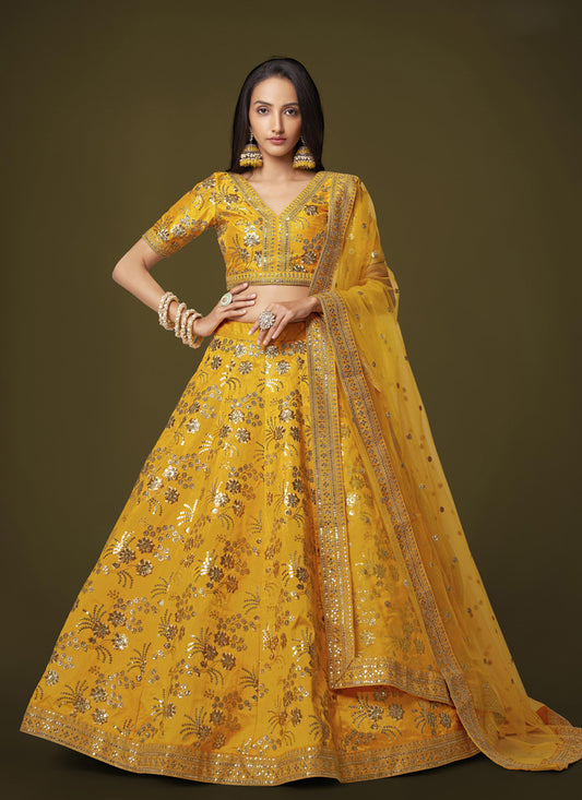 Golden Yellow Slub Silk Embroidered Lehenga Choli
