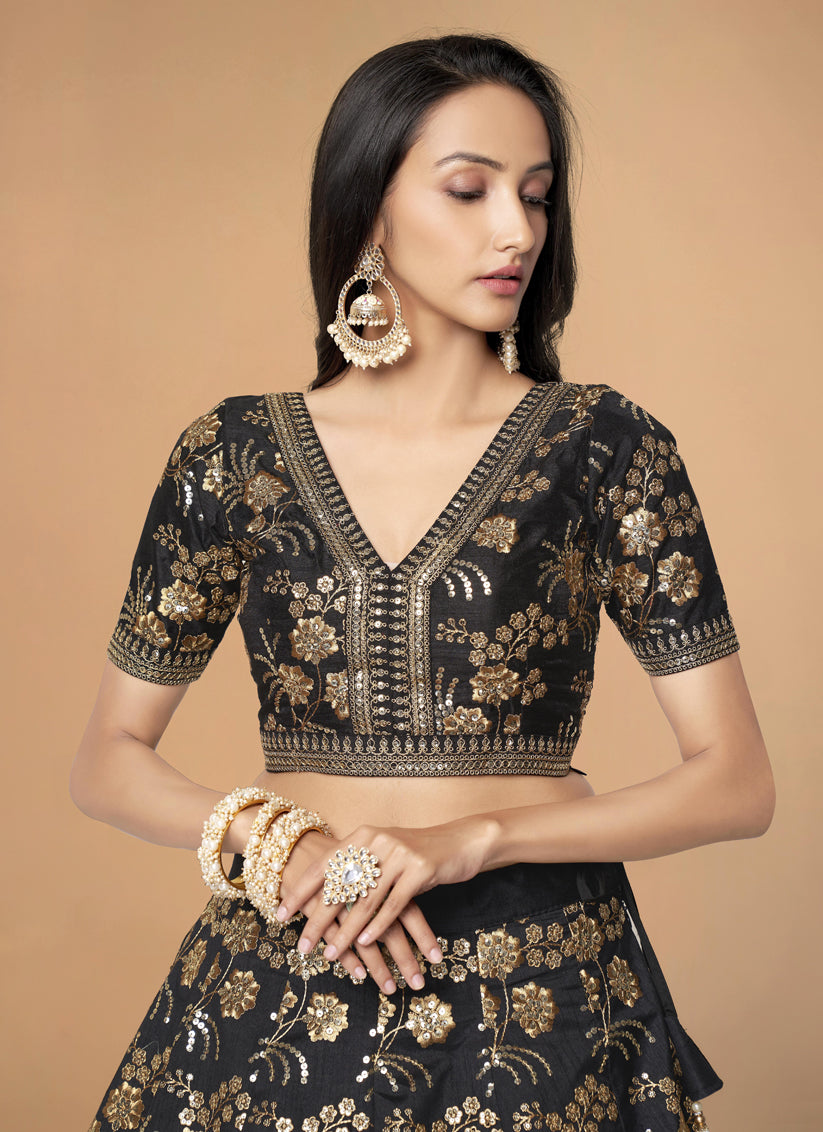 Black Slub Silk Embroidered Lehenga Choli