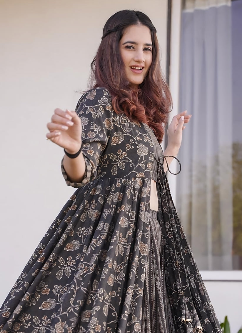 Charcoal Black Muslin Printed Indo Western
