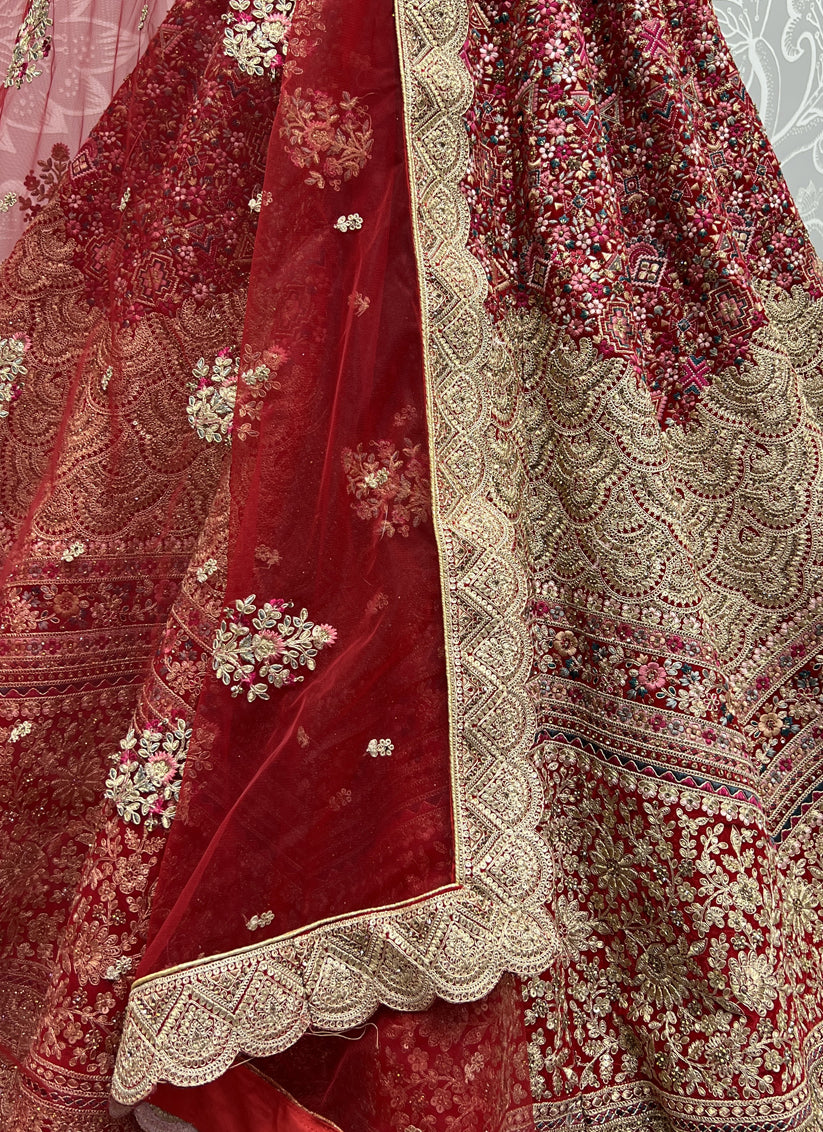 Cherry Red Velvet Embroidered Bridal Lehenga Choli