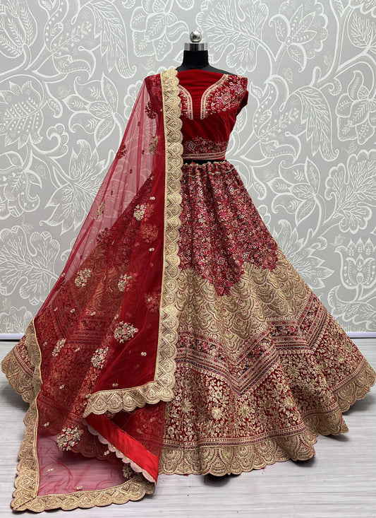 Cherry Red Velvet Embroidered Bridal Lehenga Choli