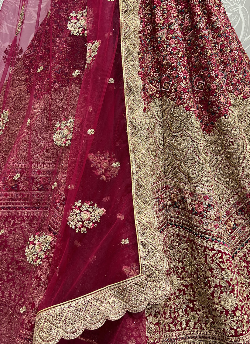 Raspberry Pink Velvet Embroidered Bridal Lehenga Choli
