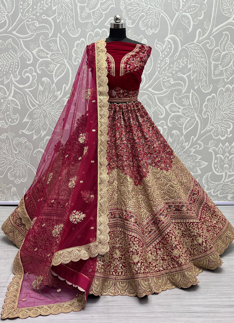 Raspberry Pink Velvet Embroidered Bridal Lehenga Choli