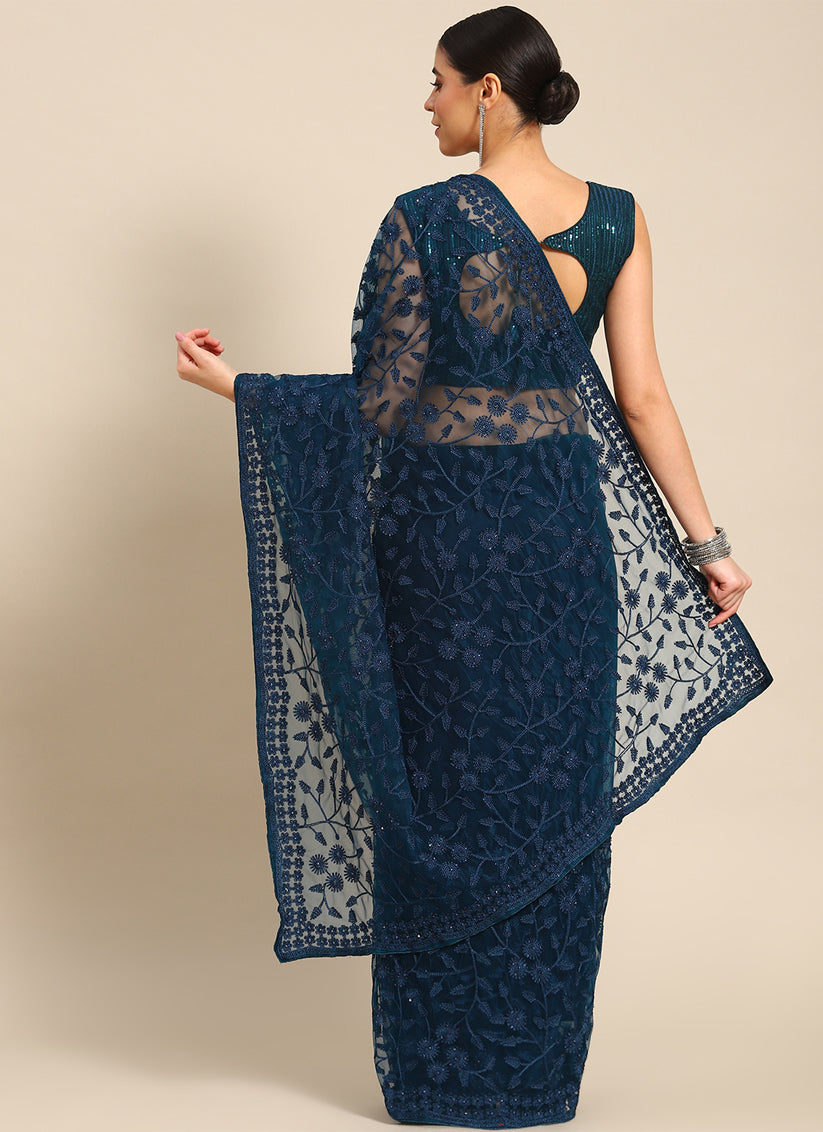 Peacock Blue Net Embroidered Saree