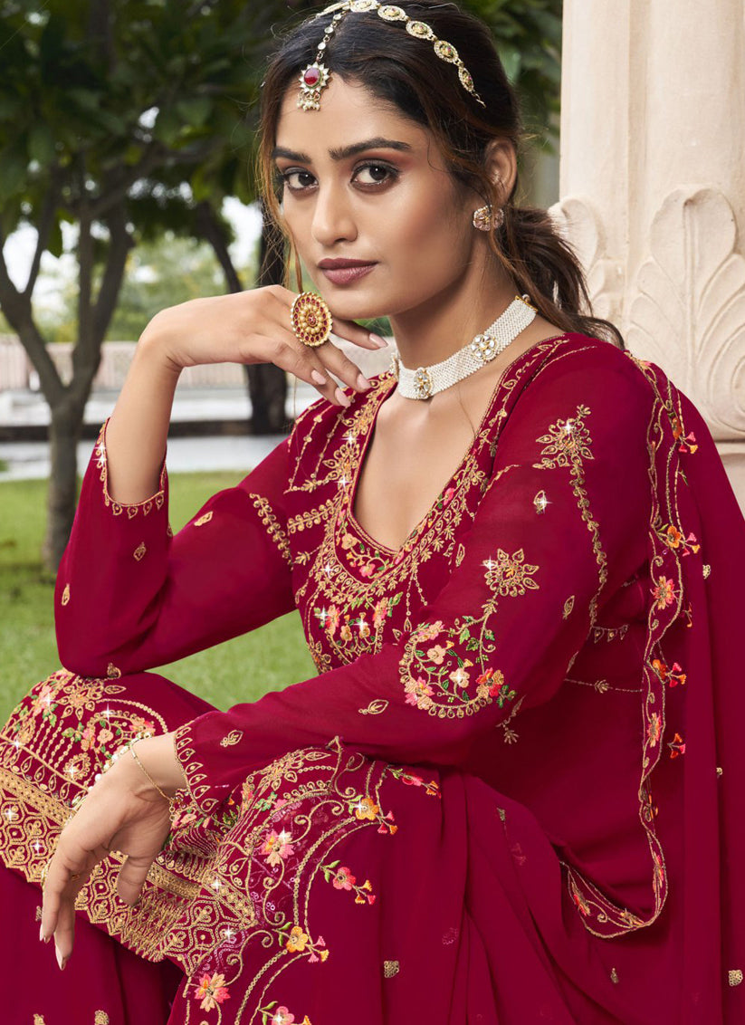 Raspberry Georgette Embroidered Sarara Kameez
