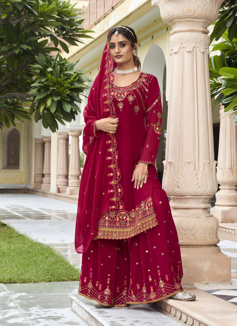 Raspberry Georgette Embroidered Sarara Kameez