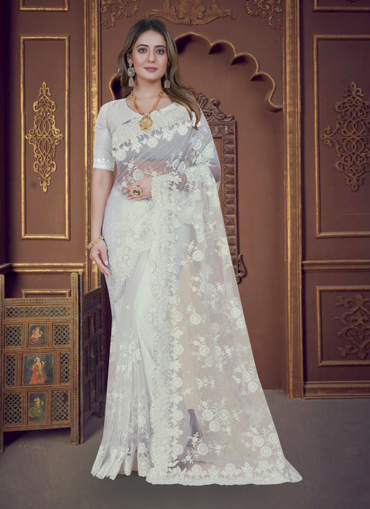 White Net Party Wear Saree